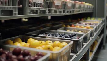 Fresh fruits and vegetables in a supermarket, a healthy choice generated by AI photo