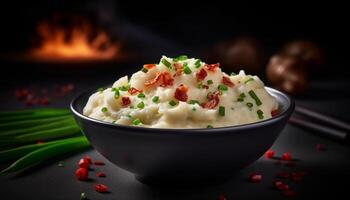 Freshness and gourmet meal, close up bowl of vegetable lunch generated by AI photo