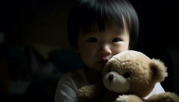 A cute child with a toy teddy bear, smiling happily generated by AI photo