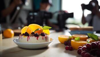 Freshness and creativity on the table healthy eating, gourmet dessert generated by AI photo