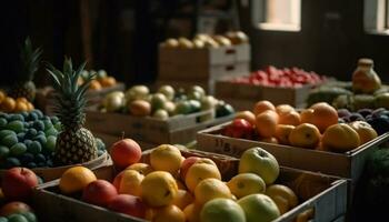 frescura y abundancia de orgánico frutas en un grande supermercado generado por ai foto