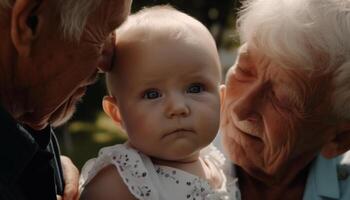 A happy multi generation family enjoying the outdoors, full of love generated by AI photo