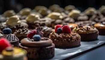 Homemade chocolate brownie with fresh raspberry and blueberry decoration generated by AI photo