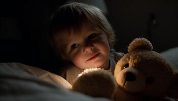 un linda niño con un osito de peluche oso, sonriente adentro, retrato generado por ai foto