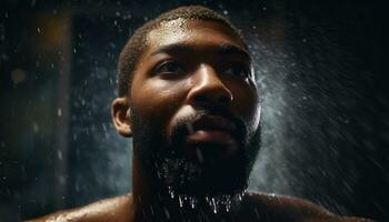 One young man, wet, looking at camera, with raindrop generated by AI photo