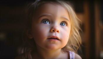 A cute Caucasian girl, smiling and looking up, full of joy generated by AI photo