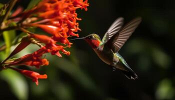 Hummingbird hovering, spreading wings, pollinating vibrant flowers in nature generated by AI photo