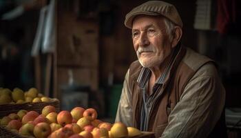 Smiling senior man holding fresh fruit, working on organic farm generated by AI photo