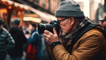 un joven hombre, participación un cámara, fotografias el ciudad a noche generado por ai foto