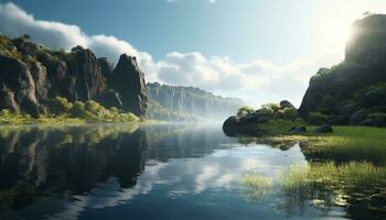 A serene mountain landscape reflects in a tranquil blue pond generated by AI photo