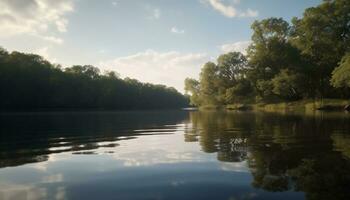 Tranquil scene sunset reflects on water, tree stands in beauty generated by AI photo