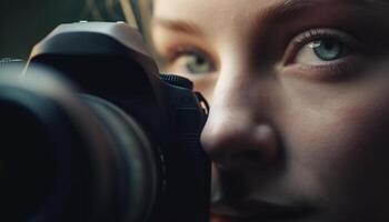 Caucasian photographer holding camera, capturing close up portrait with selective focus generated by AI photo