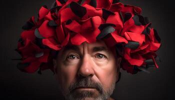 Smiling man with beard looking at camera, surrounded by flowers generated by AI photo