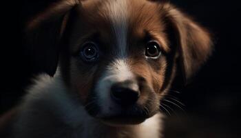 Cute puppy sitting, looking at camera, fluffy fur, playful nature generated by AI photo