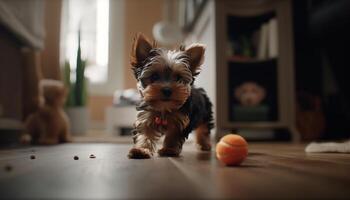 Cute small puppy playing with a toy on the table generated by AI photo