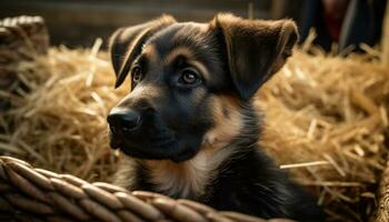 linda perrito sentado al aire libre, mirando a cámara, rodeado por heno generado por ai foto