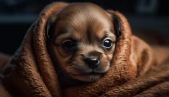 Cute puppy, small and fluffy, looking at camera with sad eyes generated by AI photo