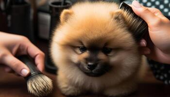 Cute puppy groomed by a woman, sitting outdoors, looking playful generated by AI photo