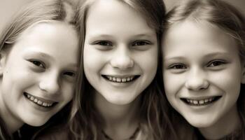 Smiling child, cheerful girls, cute portrait, black and white friendship generated by AI photo