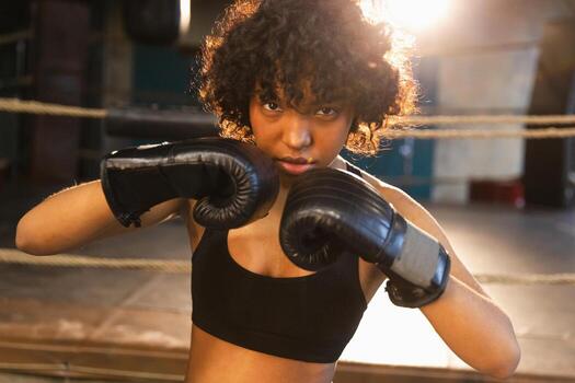 grito independiente niña fuerza. enojado africano americano mujer combatiente con boxeo guantes mirando grave agresivo en pie en boxeo anillo. fuerte poderoso combatiente niña formación golpes foto