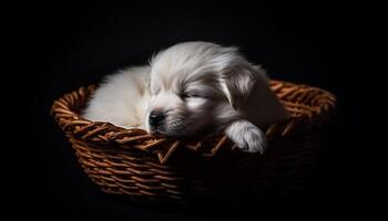 Cute puppy sleeping in a basket, fluffy and adorable generated by AI photo