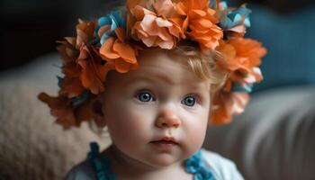 linda bebé niña con azul ojos, sonriente felizmente generado por ai foto