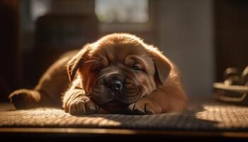 linda perrito durmiendo, descansando, cómodo, mimado, juguetón, mirando a cámara generado por ai foto