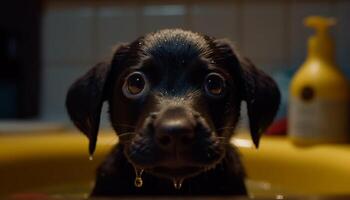 Cute puppy sitting in bathtub, wet and looking at camera generated by AI photo