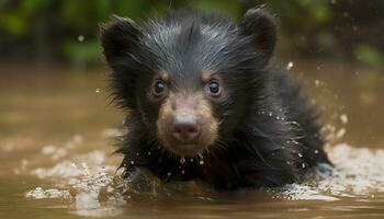 Cute puppy playing in the grass, wet fur, looking at camera generated by AI photo