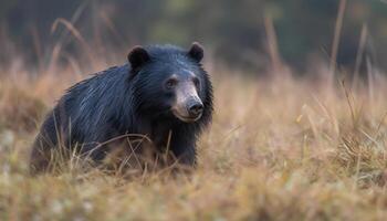 A cute grizzly bear walking in the green forest generated by AI photo