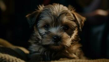 Cute puppy sitting, looking at camera, fluffy fur, playful nature generated by AI photo