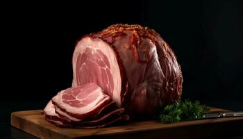 Freshness and gourmet in a close up of smoked pork slice generated by AI photo