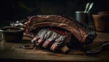 Grilled beef steak, smoked and ready to eat, on rustic wooden table generated by AI photo