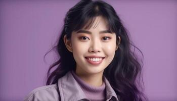 Smiling portrait of a cute, cheerful girl looking at camera generated by AI photo