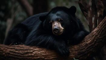 Cute panda sitting on a tree, looking at camera, playful generated by AI photo