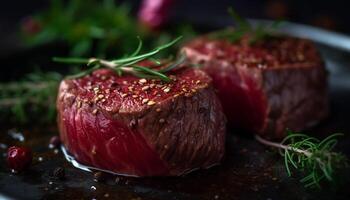 Grilled beef fillet, juicy and tender, ready to eat on wooden plate generated by AI photo