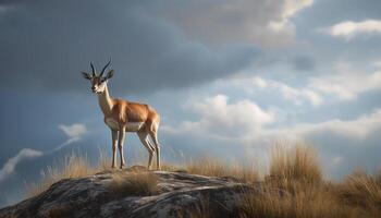 One horned mammal standing in the African wilderness, looking at camera generated by AI photo