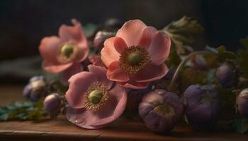 A fresh pink flower head blossoms in nature close up beauty generated by AI photo