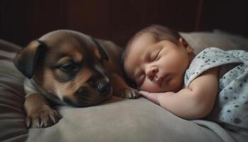 Cute small dog sleeping, child innocence and love for animals generated by AI photo