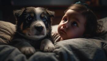 Cute dog and child, small portrait of pets indoors generated by AI photo