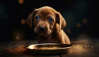 Cute puppy sitting, eating food, indoors, with selective focus generated by AI photo
