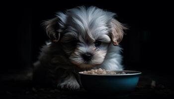 Cute puppy sitting, looking at camera, with black background generated by AI photo