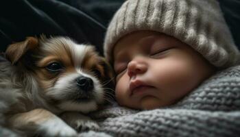 Cute small baby dog, sleeping peacefully, embracing innocence and love generated by AI photo