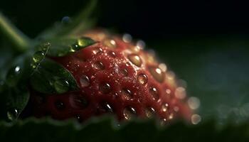 Freshness and nature in a close up of a ripe strawberry generated by AI photo