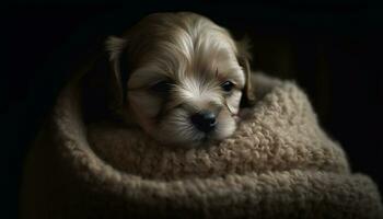 Cute puppy, small terrier, sitting, looking at camera, fluffy fur generated by AI photo