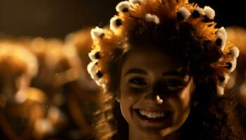 un alegre joven mujer sonriente, disfrutando el al aire libre en verano generado por ai foto