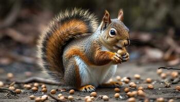 Cute small rodent sitting on a tree, eating a nut generated by AI photo