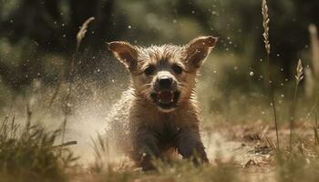 linda perrito corriendo en el mojado césped, juguetón y alegre generado por ai foto