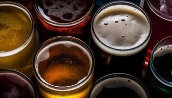 Frothy beer glass on wooden table, refreshing celebration generated by AI photo
