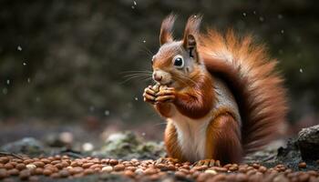 linda pequeño mamífero comiendo nuez en Nevado bosque, juguetón y mullido generado por ai foto